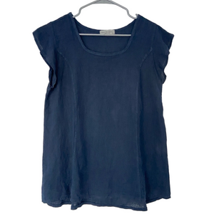 TERZO MILLENNIO NAVY BLUE MADE IN ITALY ELEGANT 100% LINEN TOP/BLOUSE, SIZE LARG